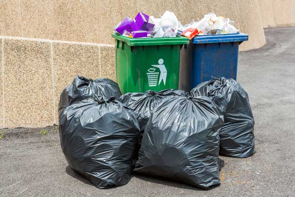 Slika kanti za smeće okruženih punim vrećama za smeće