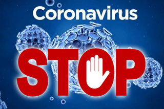 Ilustrativna slika COVID virusa i oznake Stop